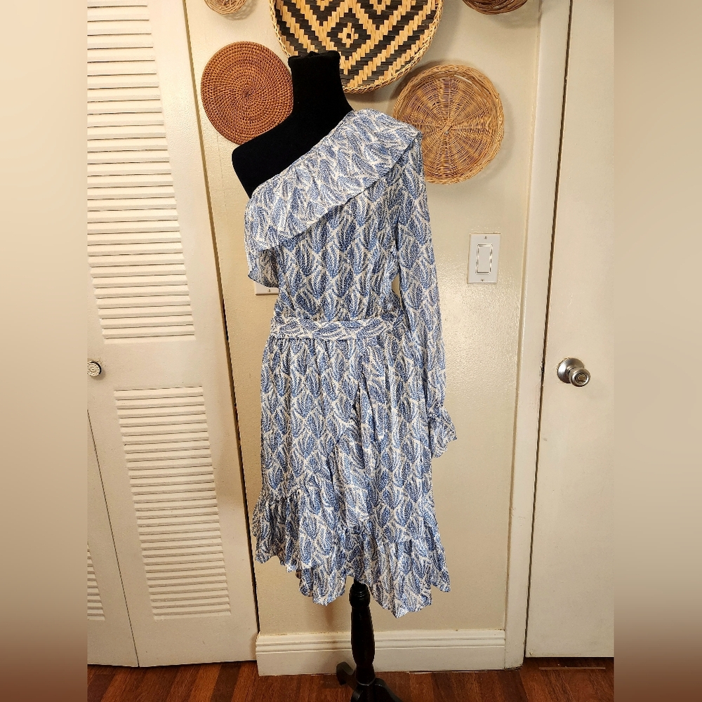 LAST ONE! White and Blue One Sleeve Ruffle Mini Dress With Wrap - Picture 3 of 13